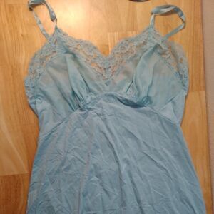 Vintage Vanity Fair Blue Nylon Satin Lace Lingerie Dress Slip Nightgown 36